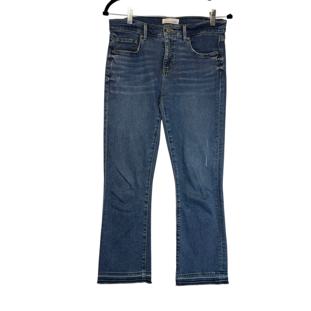 LOFT Flare Crop Jeans Blue Wash Distressed midrise Raw Hem Casual Womens Size 27